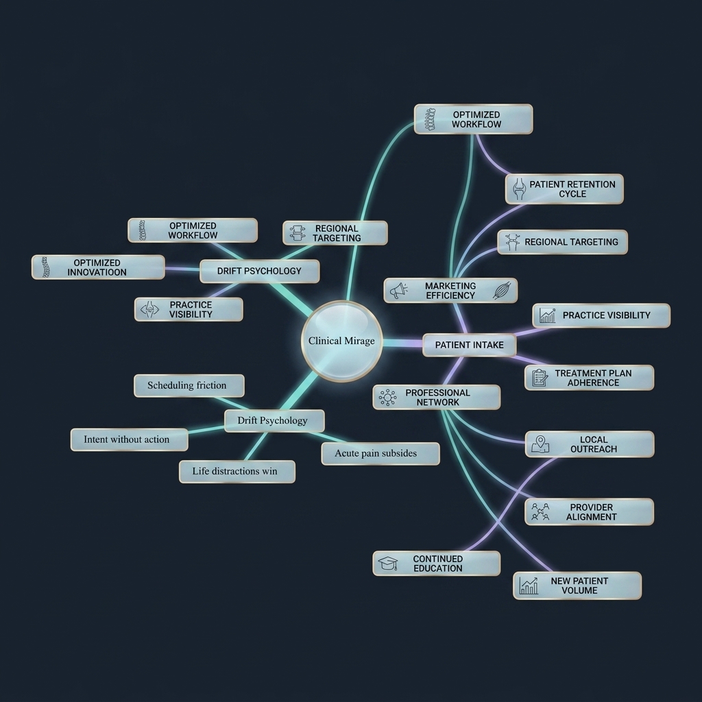 Mindmap of clinical mirage contrasting surface appearance with hidden patient drift reality