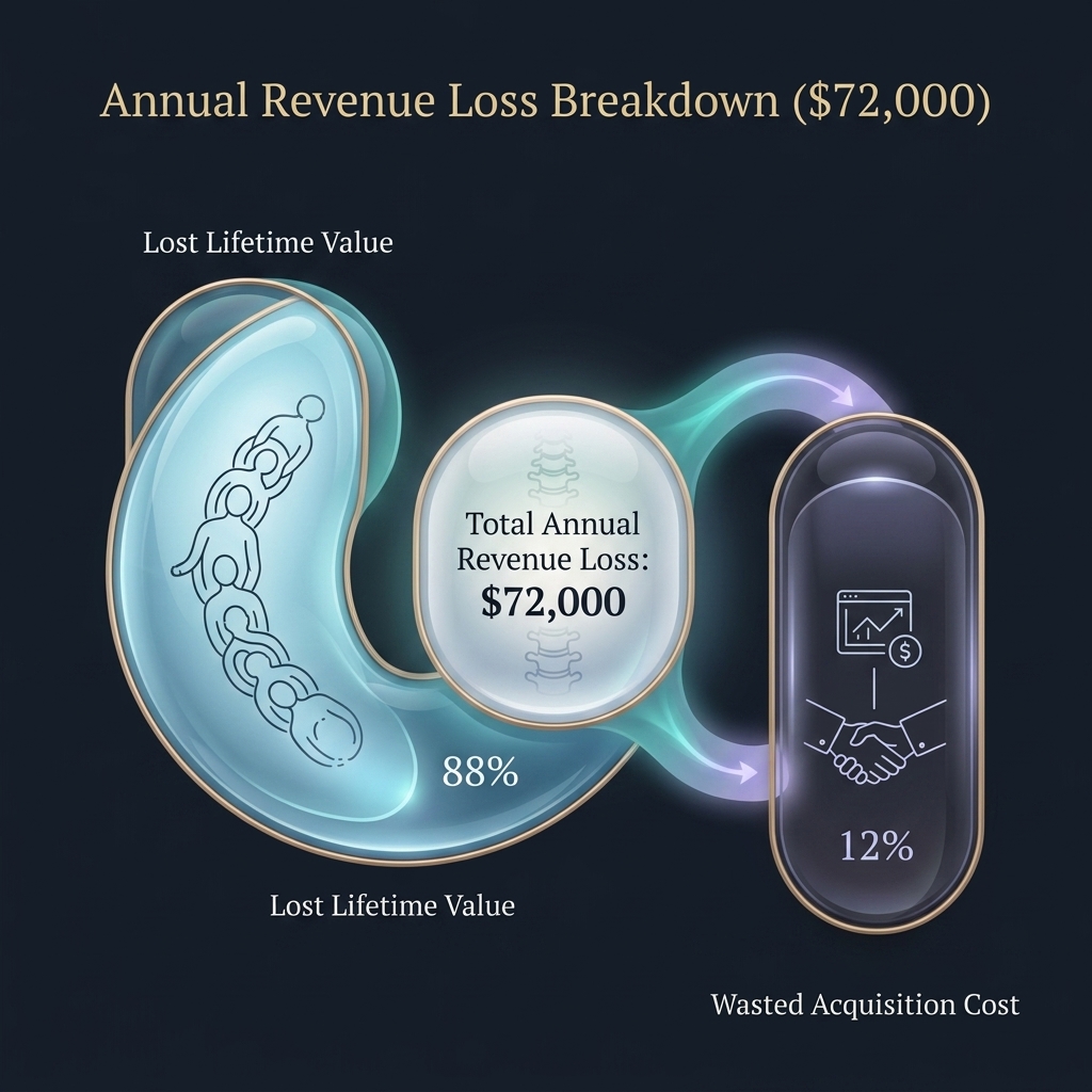Pie chart of annual revenue loss breakdown totaling seventy-two thousand dollars