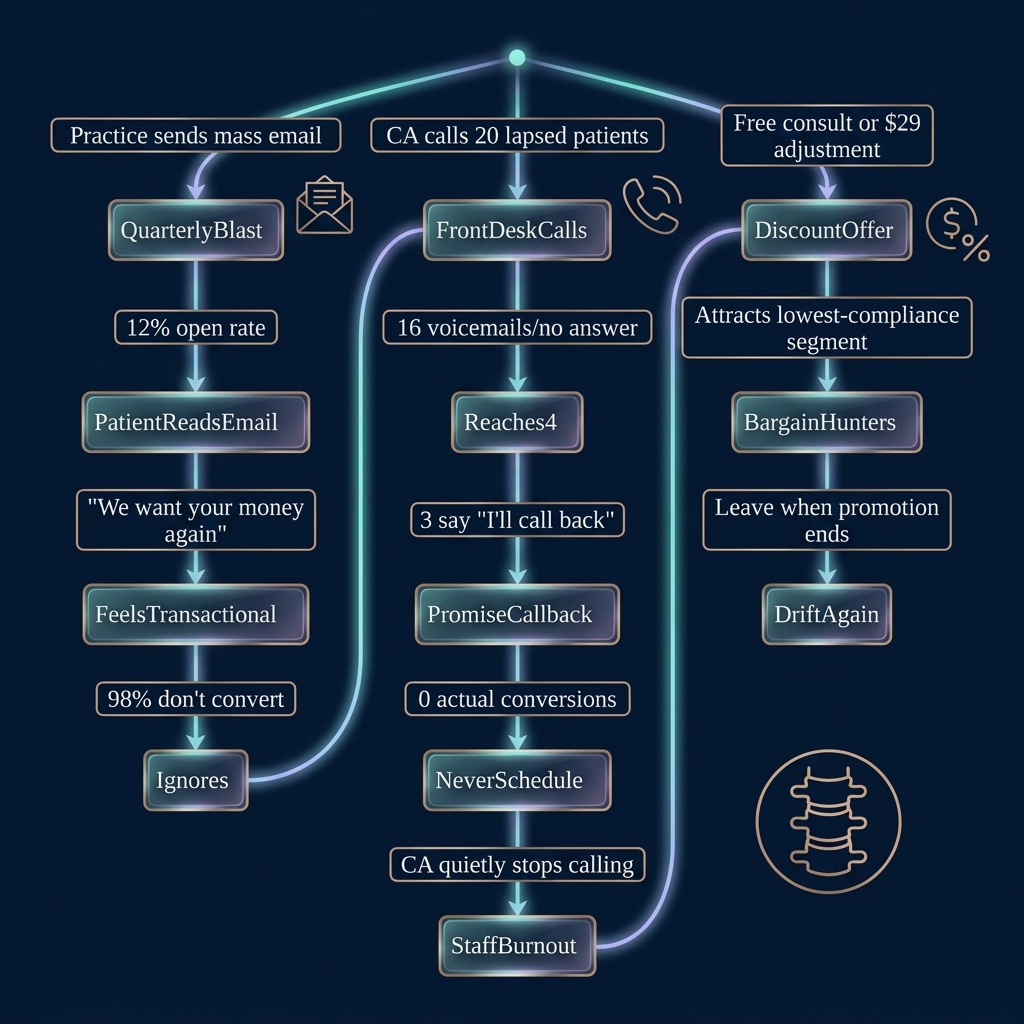 State diagram comparing three patient reactivation methods and their conversion outcomes