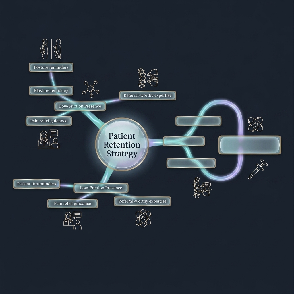 Mindmap of patient retention strategy branching into three core pillars