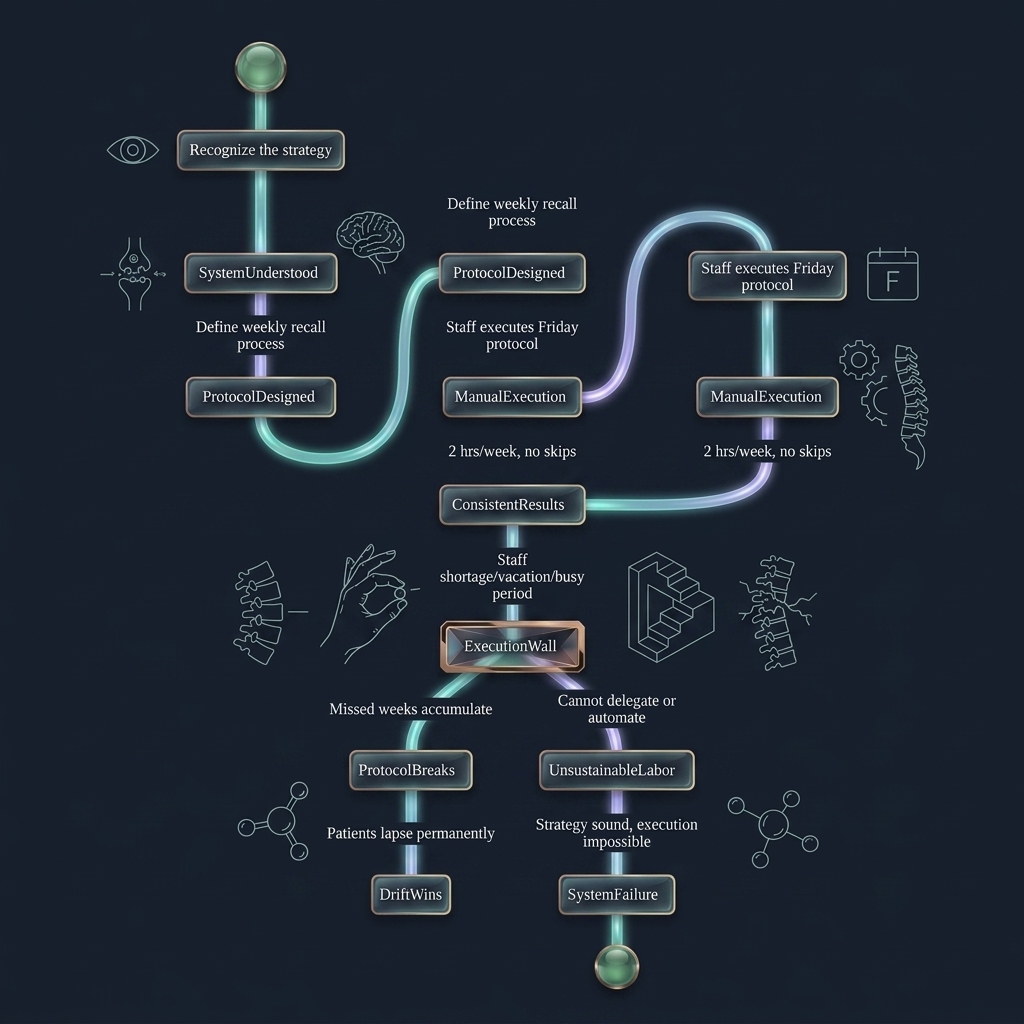 State diagram tracing system implementation breakdown from strategy recognition to permanent patient loss