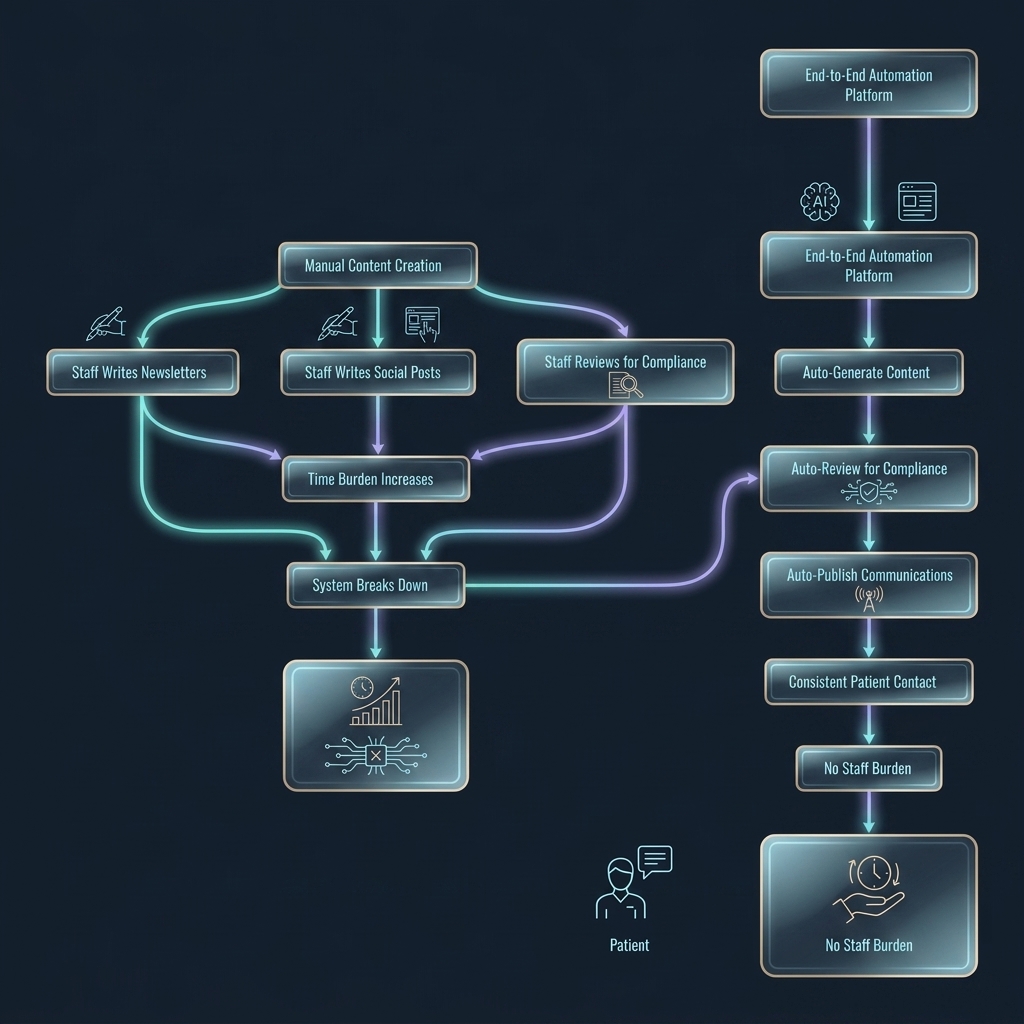 Flowchart comparing manual content creation workflow to automated communication platform