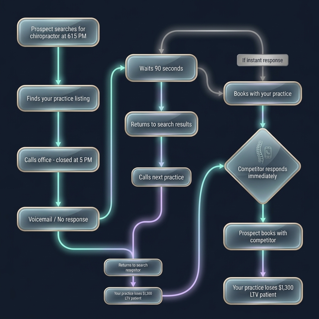 Flowchart tracing after-hours patient loss from initial search to competitor booking