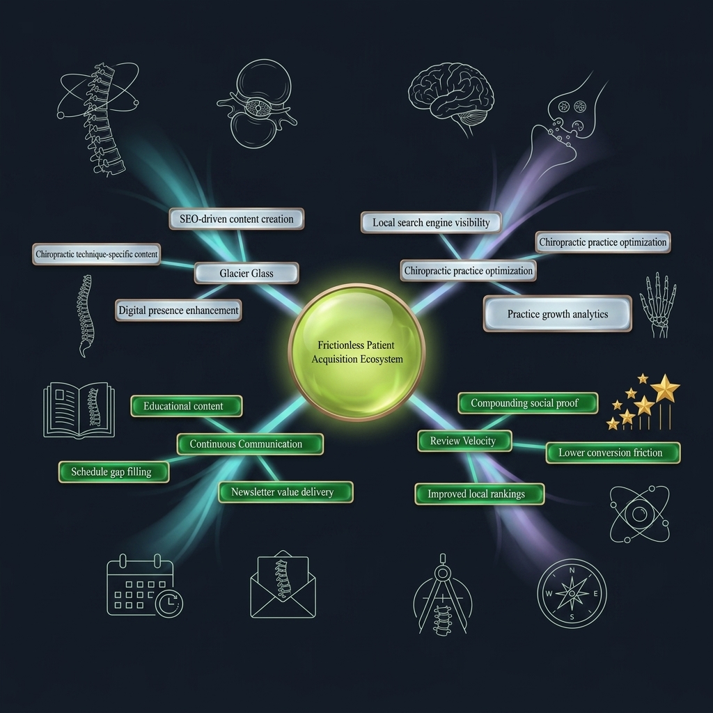 Mindmap of four core components for building a frictionless patient acquisition ecosystem