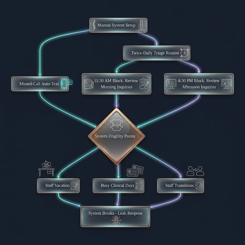 Flowchart mapping manual system setup through triage routines to fragility points and system breakdown