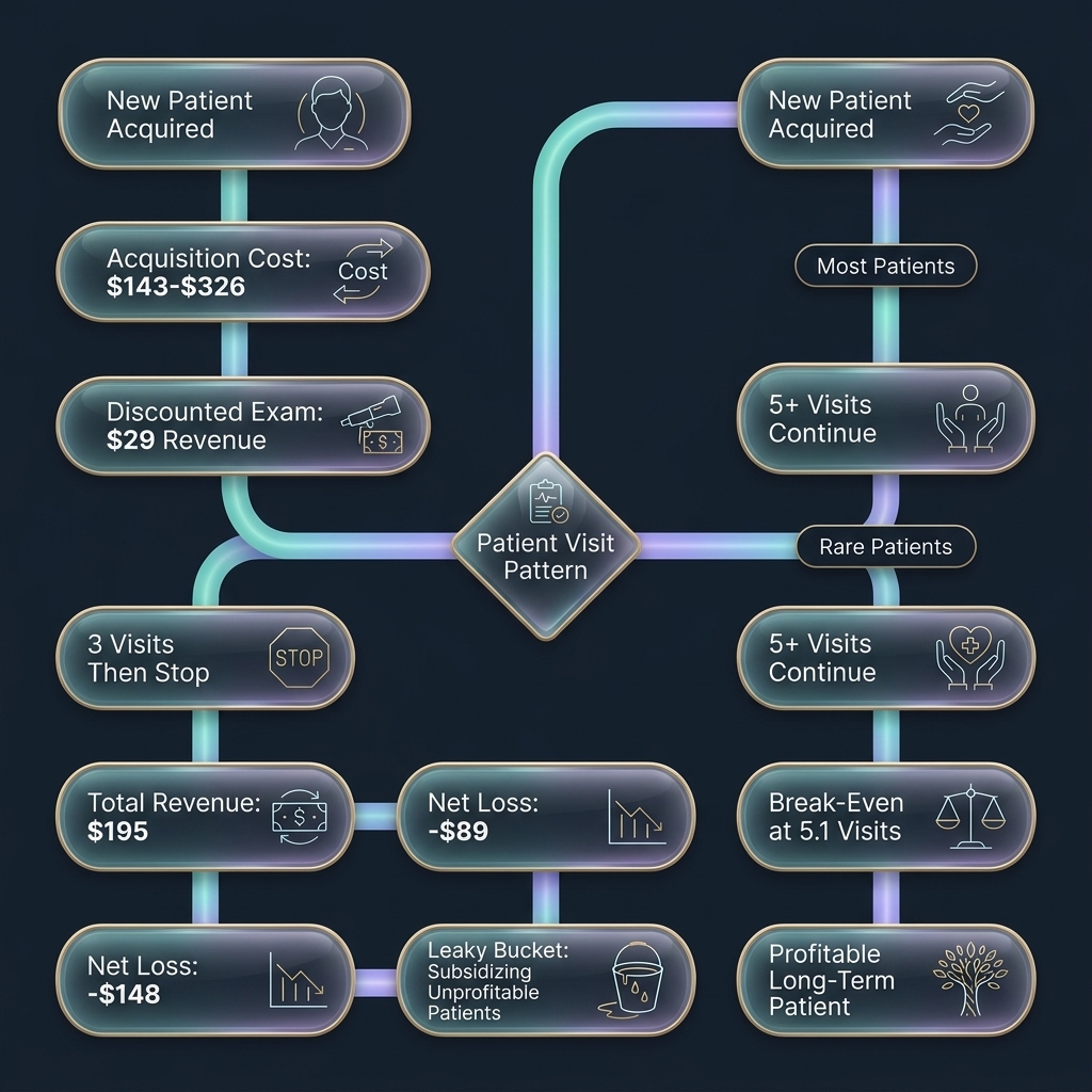 Flowchart tracing patient acquisition costs versus visit patterns and profitability outcomes