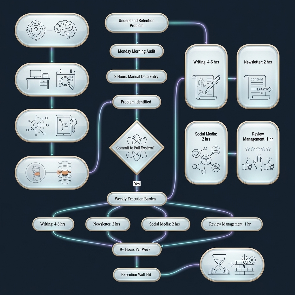 Flowchart tracing patient retention execution steps from audit to weekly workload bottleneck