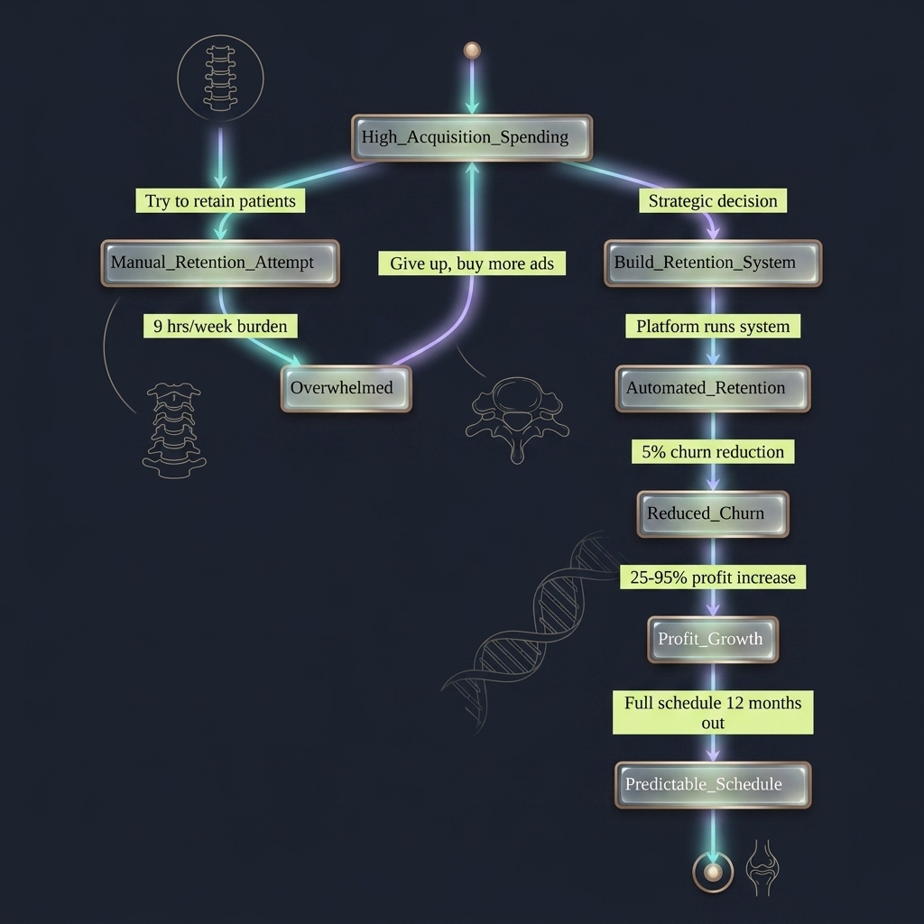 State diagram comparing high acquisition spending cycle to automated retention system pathway