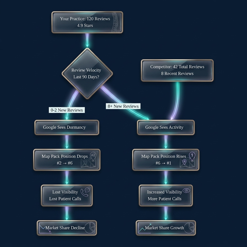 Flowchart comparing review velocity impact on map pack ranking and patient acquisition