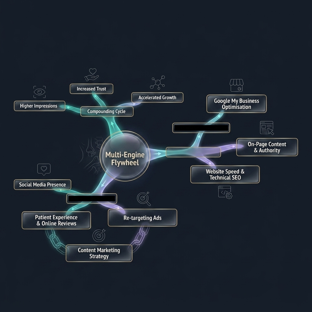 Mindmap of multi-engine flywheel linking review infrastructure, algorithmic signals, and compounding cycle