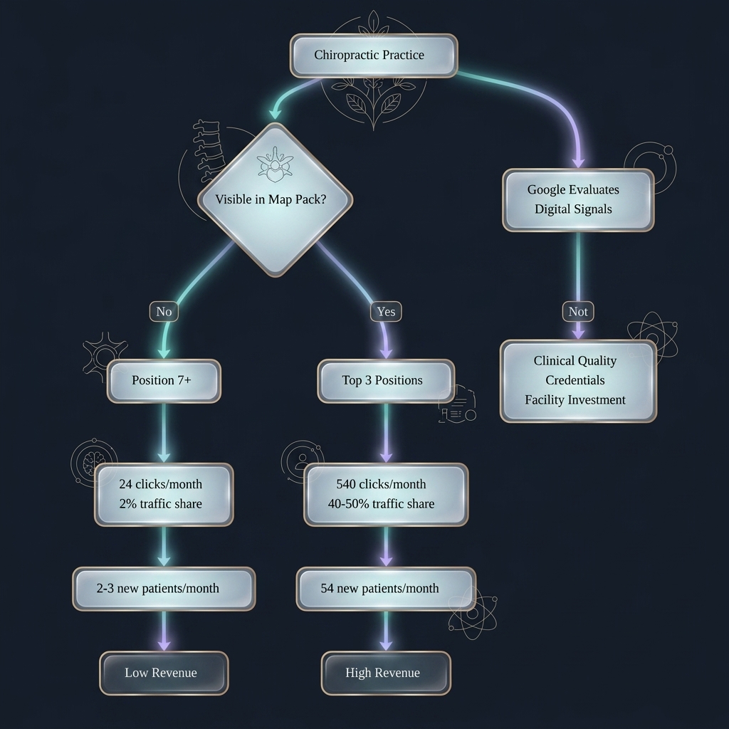 Flowchart comparing Google Map Pack visibility outcomes and patient acquisition rates