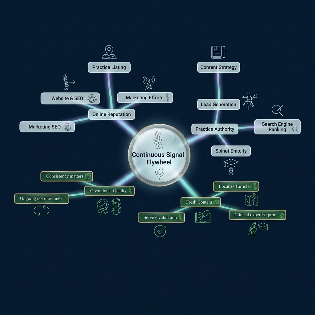 Mindmap of continuous signal flywheel components for local SEO ranking