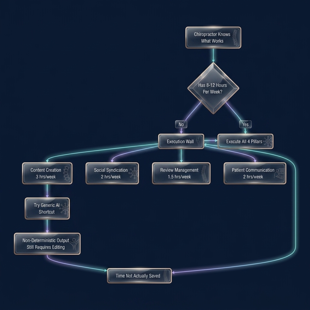 Flowchart branching from time availability into marketing execution barriers and shortcuts