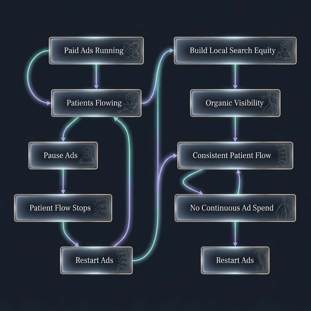 Flowchart comparing paid ad cycles to organic search equity building for patient acquisition