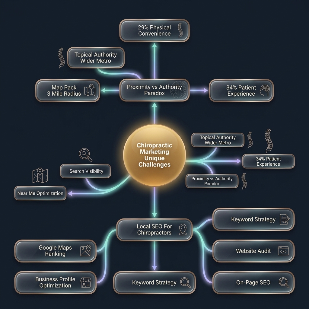Mindmap of chiropractic marketing challenges across trust, patient journey, and location strategy