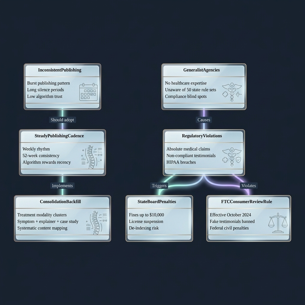 Class diagram linking publishing consistency and regulatory compliance to marketing outcomes