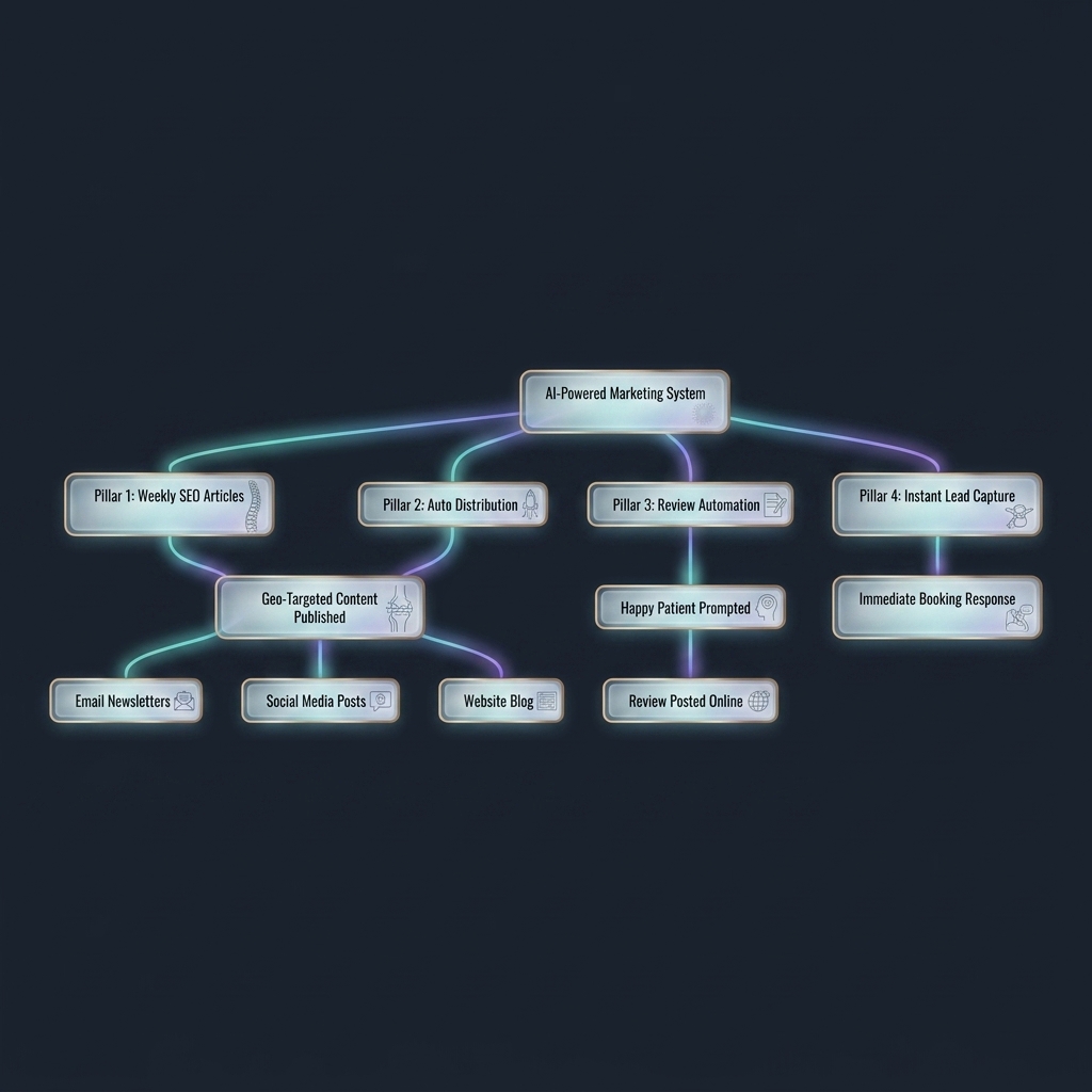 Flowchart branching AI marketing system into four pillars converging toward lead capture