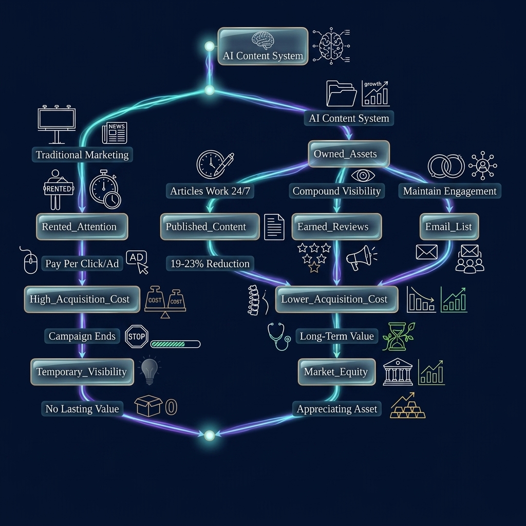 State diagram comparing traditional marketing costs to AI content system asset building
