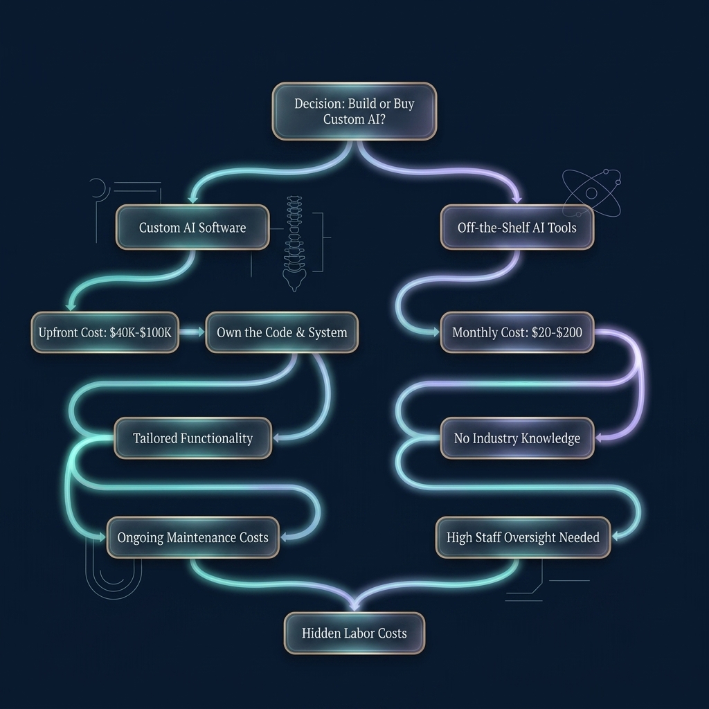 Flowchart branching build versus buy decision paths for SMB AI adoption