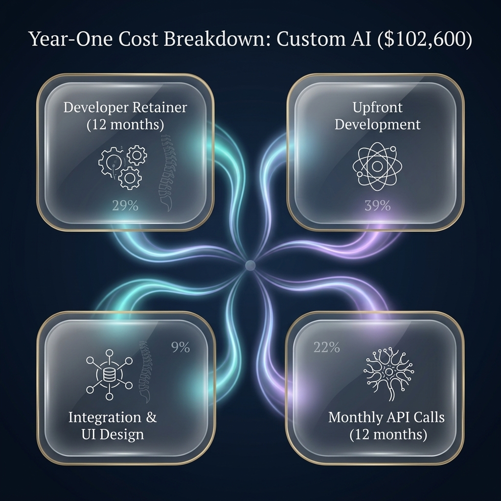 Pie chart of year-one custom AI development cost allocation across four categories