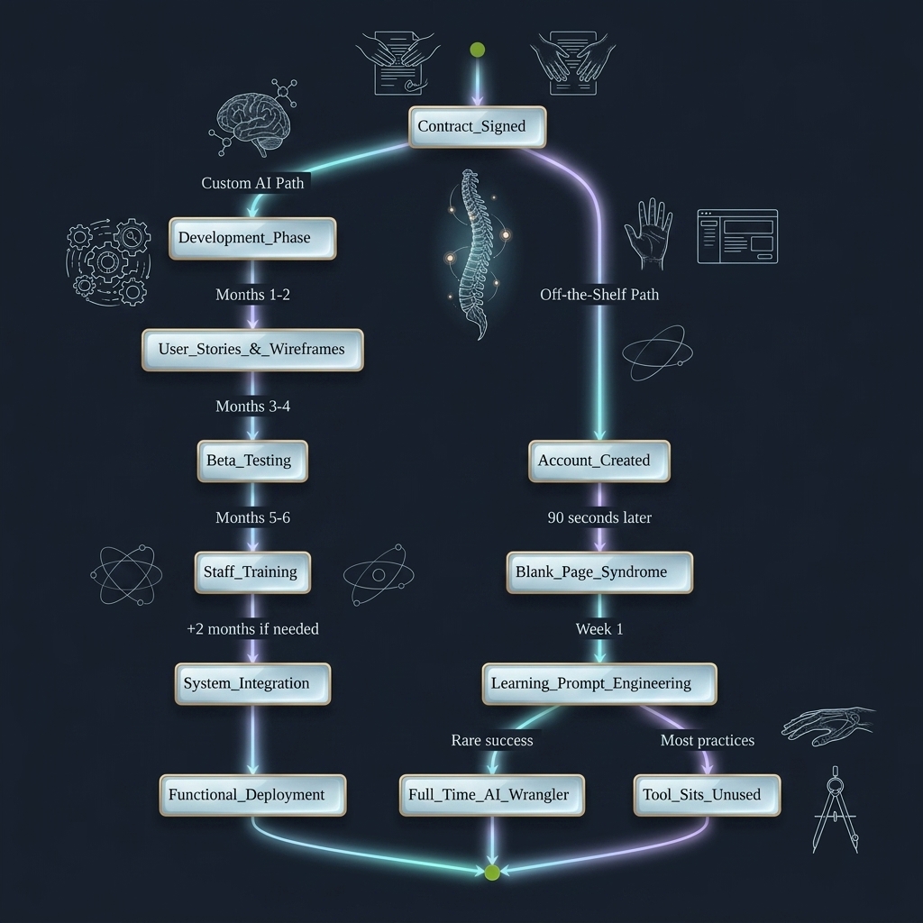 State diagram comparing custom AI development timeline versus off-the-shelf tool deployment paths