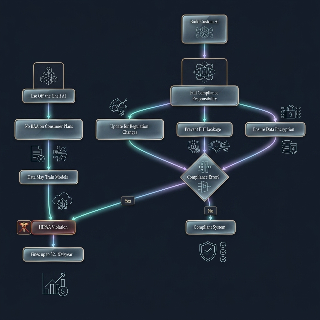 Flowchart comparing regulatory risks of custom AI versus off-the-shelf solutions