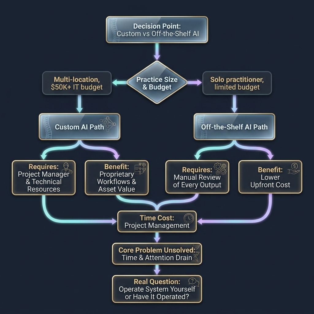 Flowchart branching custom versus off-the-shelf AI paths by practice size and budget