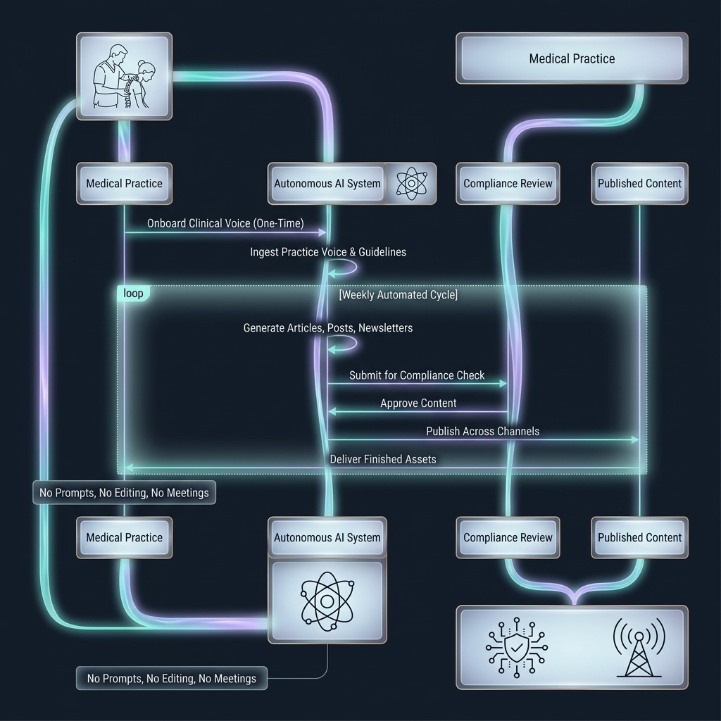 Sequence diagram of autonomous AI system automating medical practice content workflow