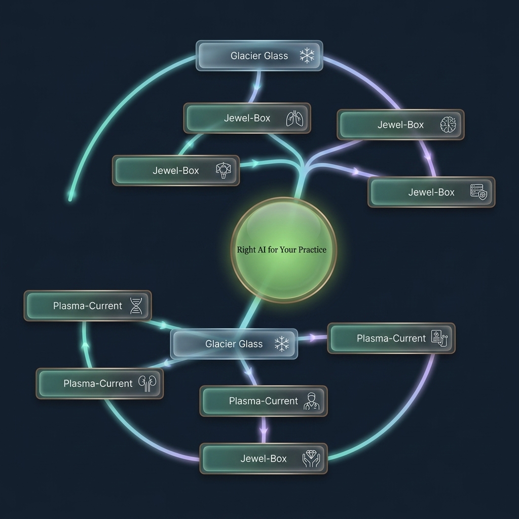 Mindmap of AI selection criteria branching into managed systems versus pitfalls to avoid