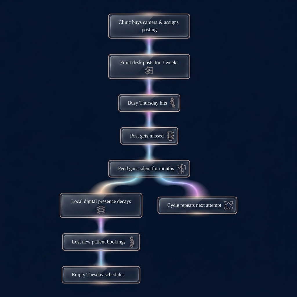 Flowchart tracing social media posting cycle from assignment through silence to lost bookings