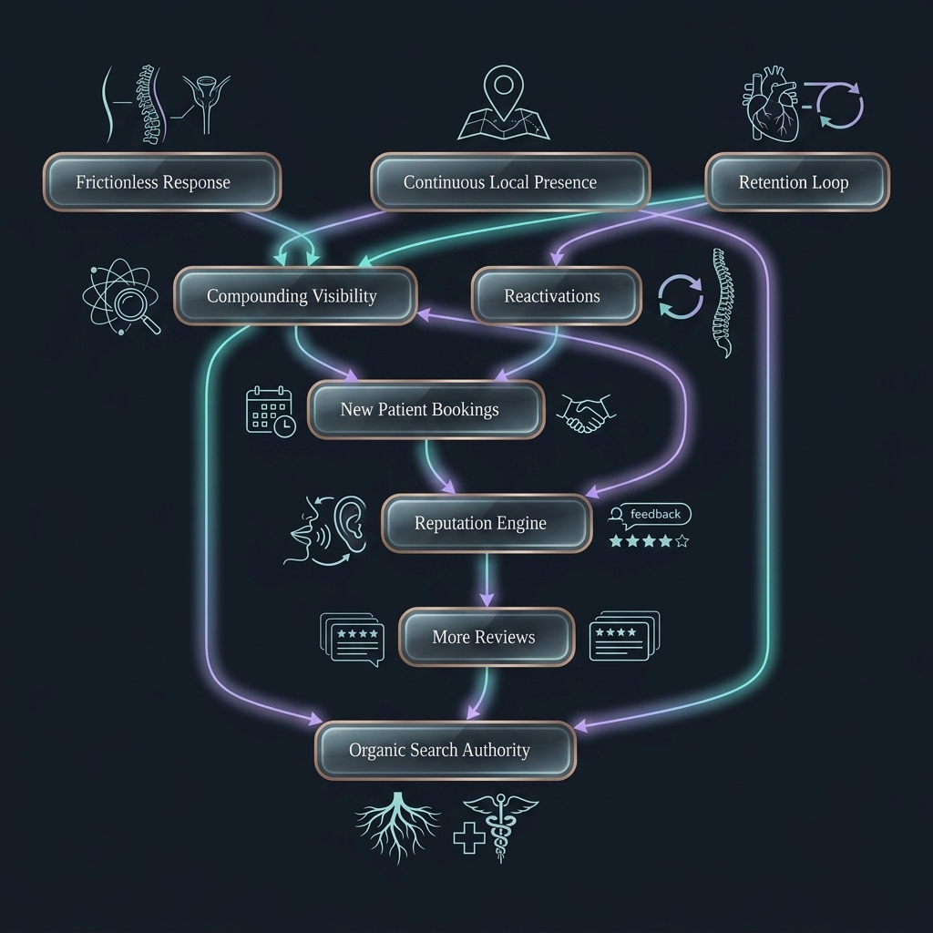 Flowchart linking continuous local presence and reputation to compounding visibility and new patient bookings