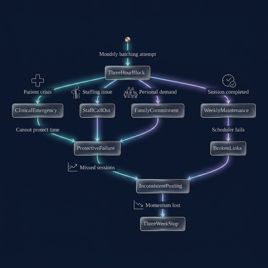 State diagram tracing content marketing interruptions from planning to posting stoppage