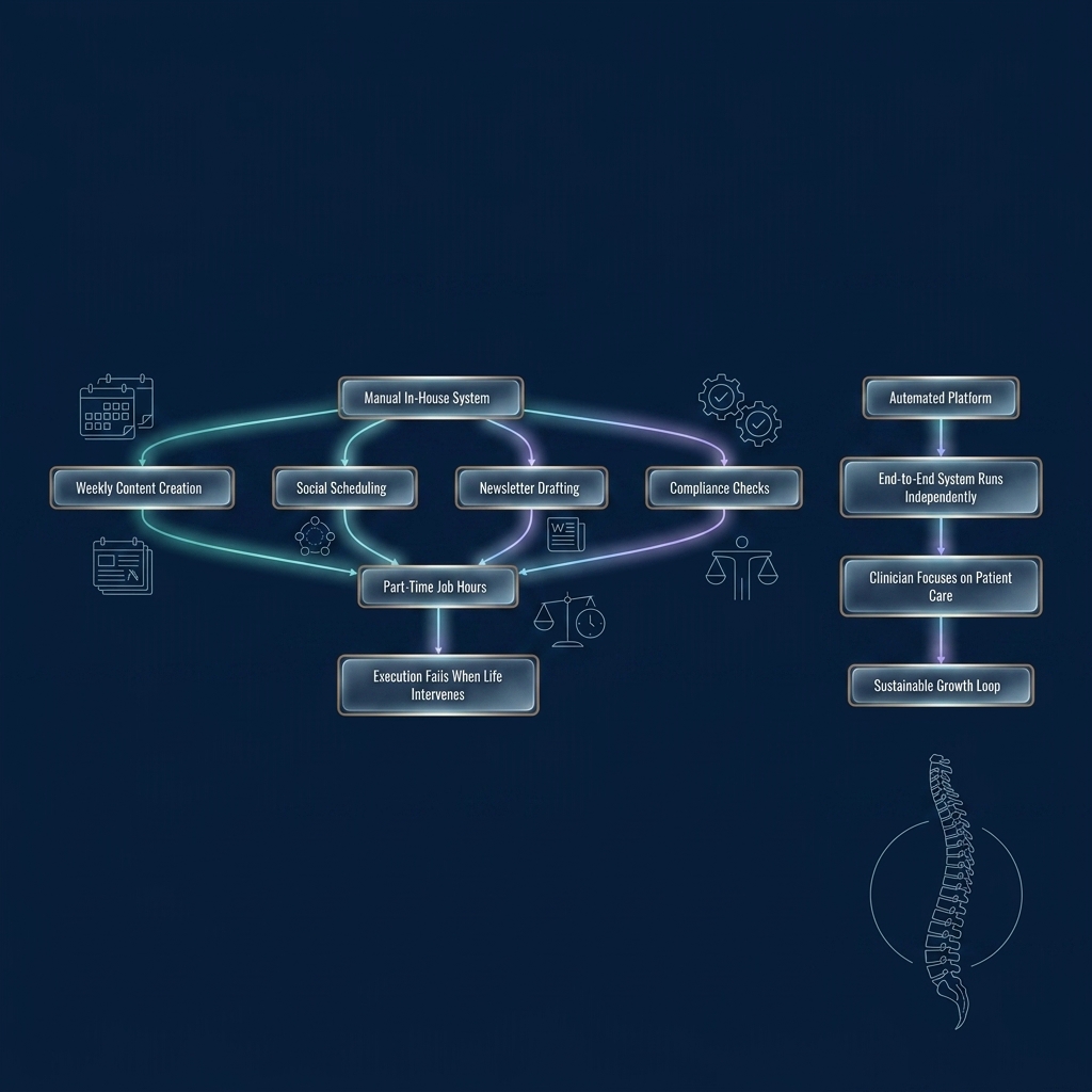 Flowchart comparing manual in-house systems versus automated platforms for practice management