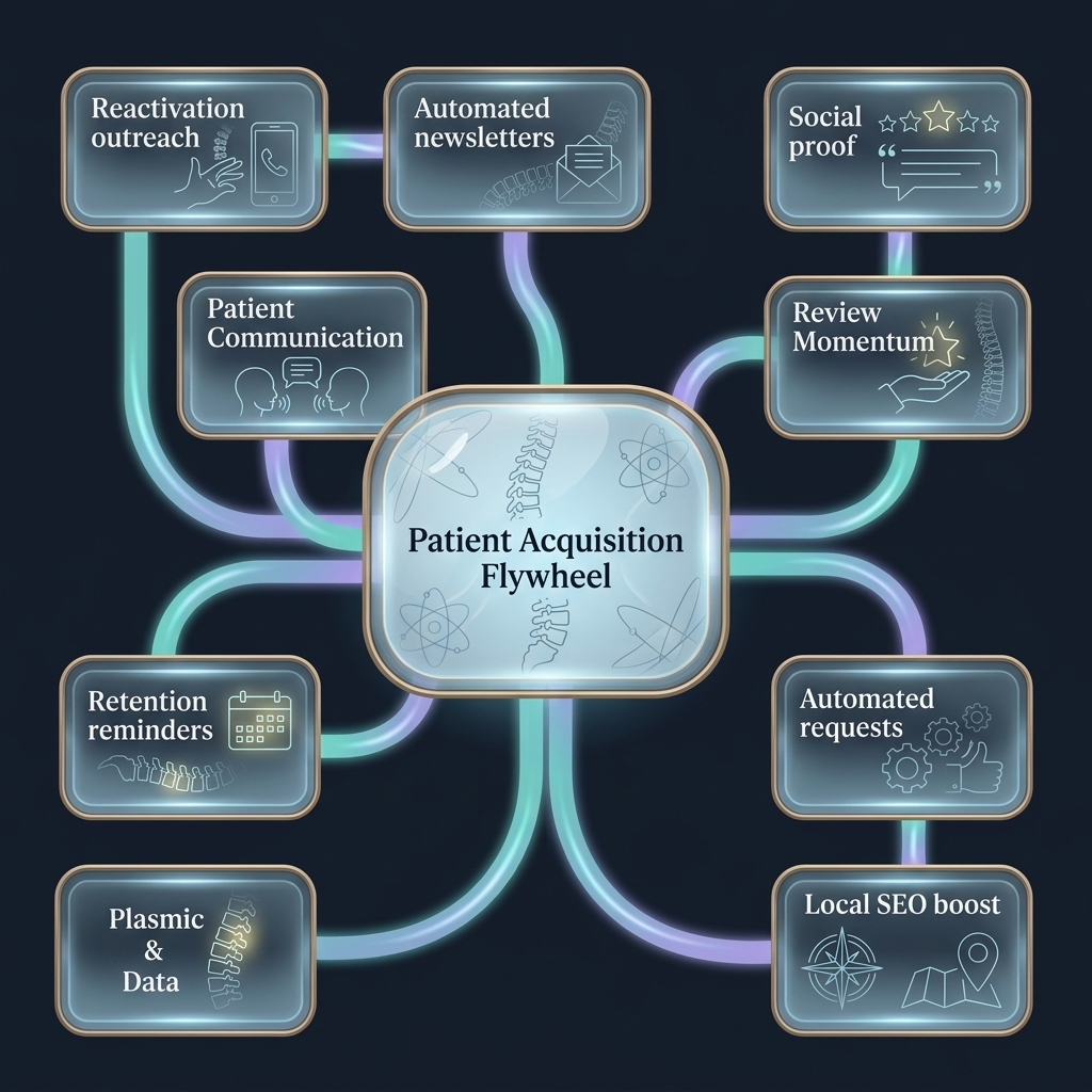 Mindmap of patient acquisition flywheel with four interconnected growth drivers