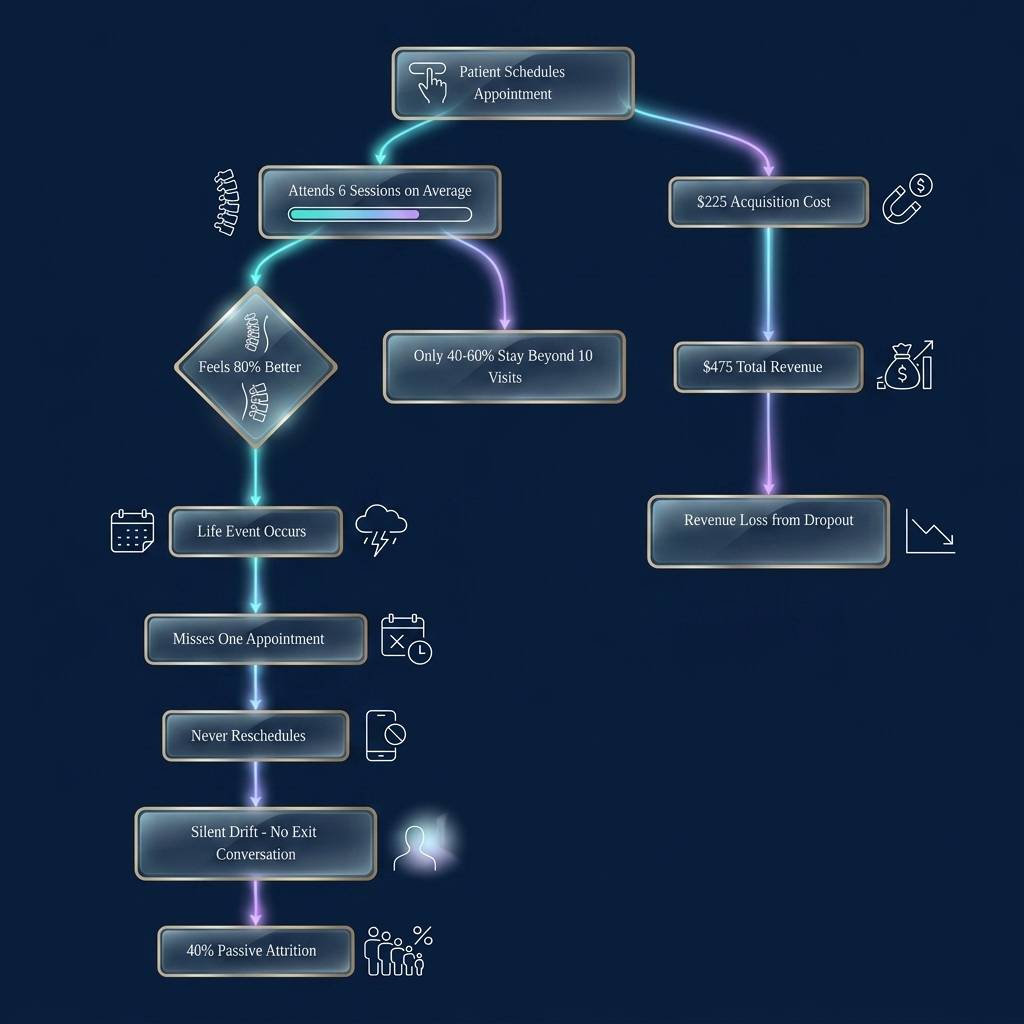 Flowchart tracing patient dropout pathway from appointment scheduling through silent attrition