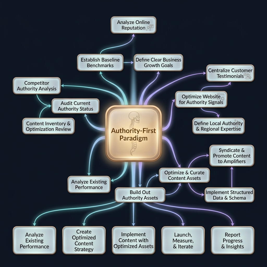 Mindmap of authority-first reactivation paradigm with four-layer system and belief shift
