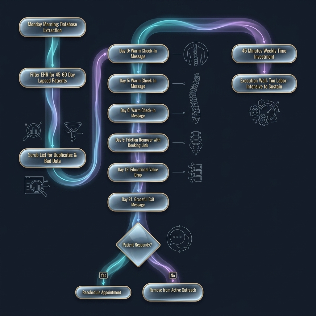 Flowchart tracing a weekly patient win-back sequence from database extraction to execution wall