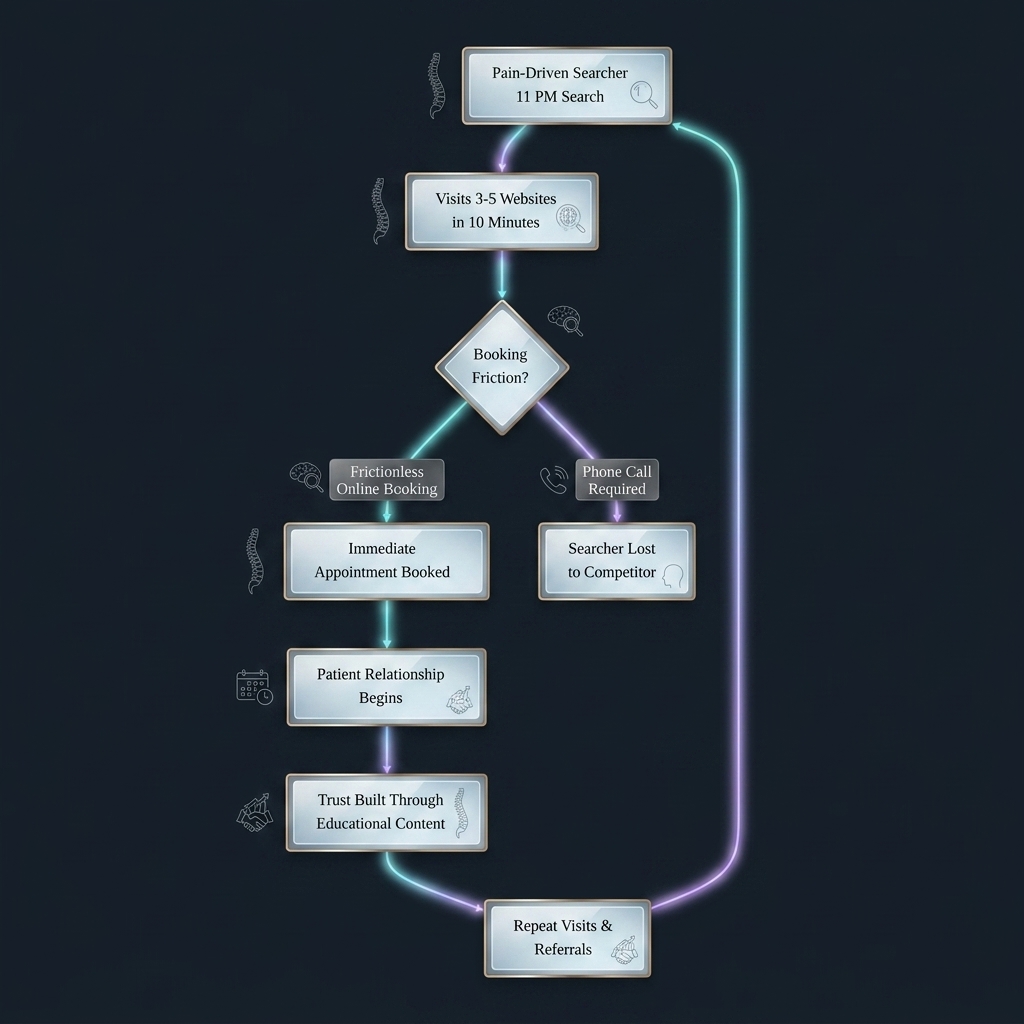 Flowchart tracing patient acquisition cycle from search through booking friction to referral loop