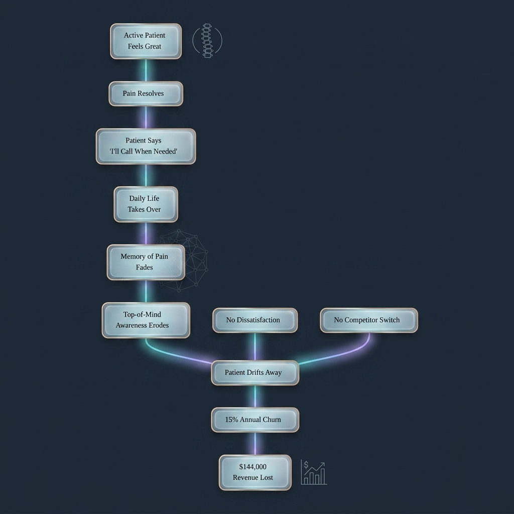 Flowchart tracing patient dropout pathway from pain resolution to annual revenue loss