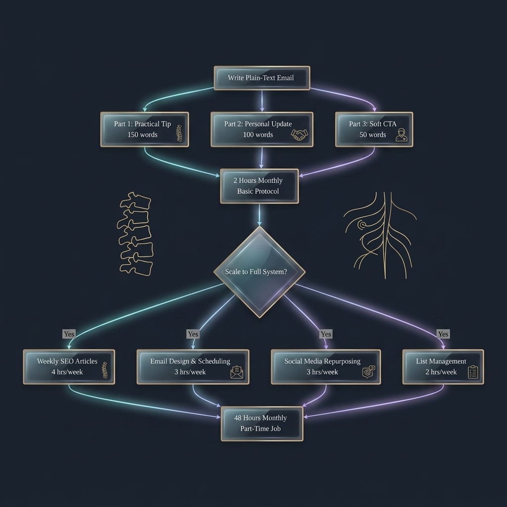 Flowchart branching manual email newsletter creation into basic and scaled system paths