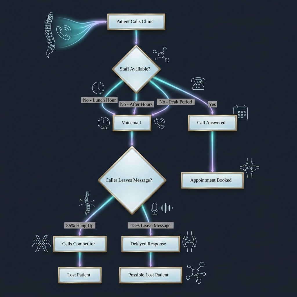 Flowchart tracing patient call outcomes during busy clinic periods and staff availability
