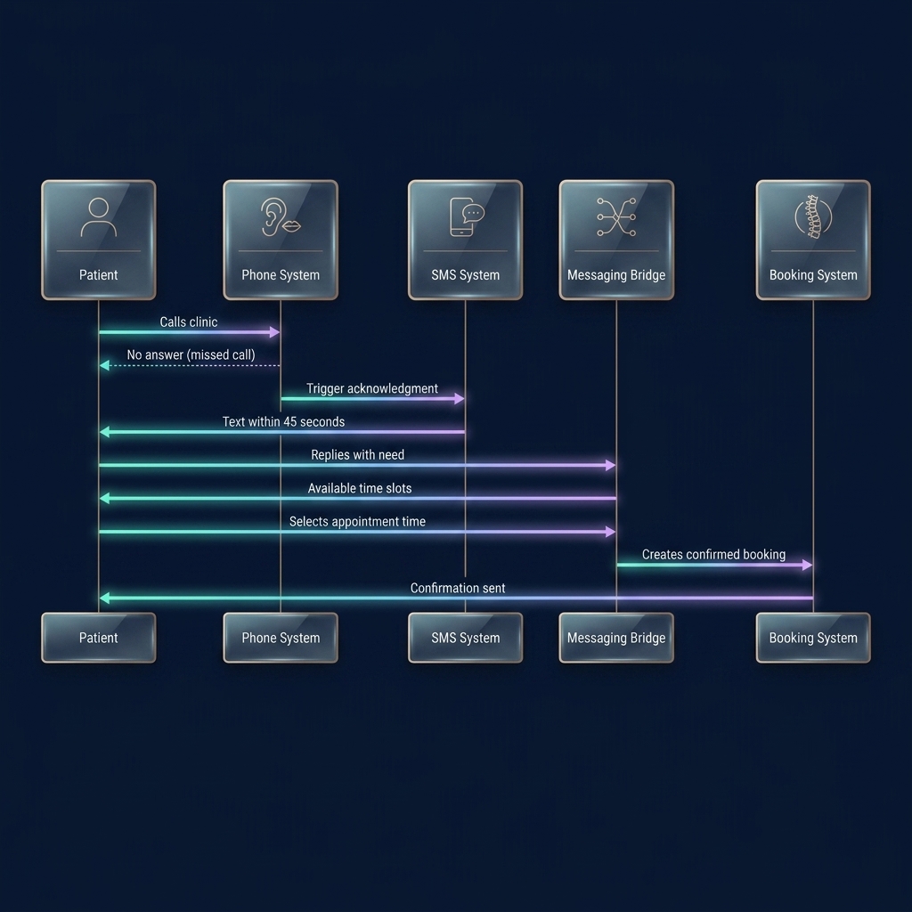 Sequence diagram of automated patient recovery workflow from missed call to confirmed booking