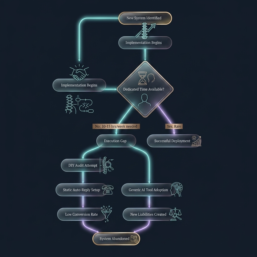 Flowchart tracing implementation failure pathways when dedicated time is unavailable