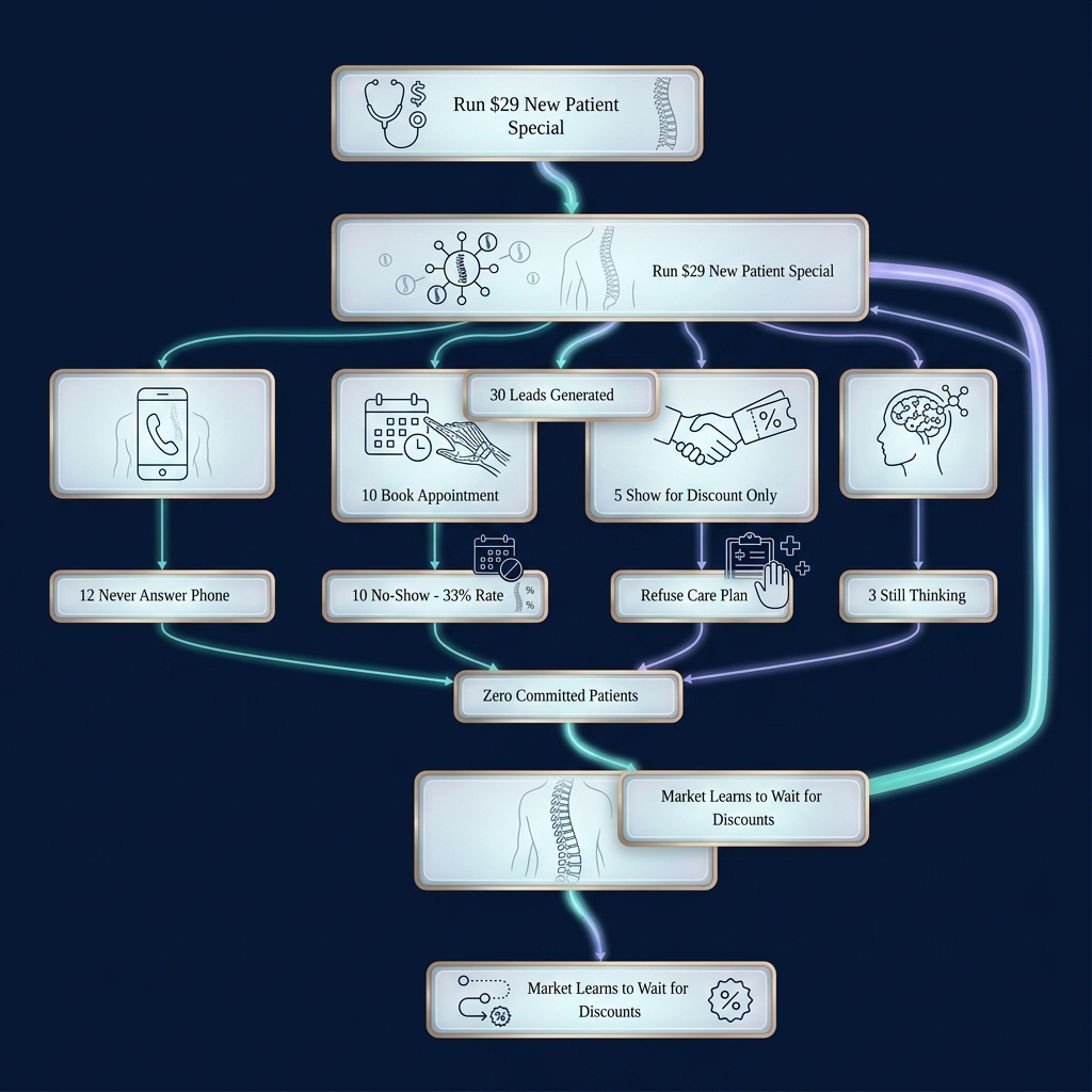 Flowchart tracing new patient special outcomes and market behavior feedback loop