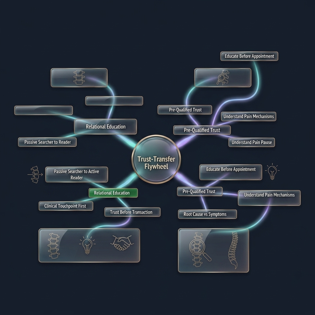 Mindmap of trust-transfer flywheel with four interconnected healthcare marketing cycles