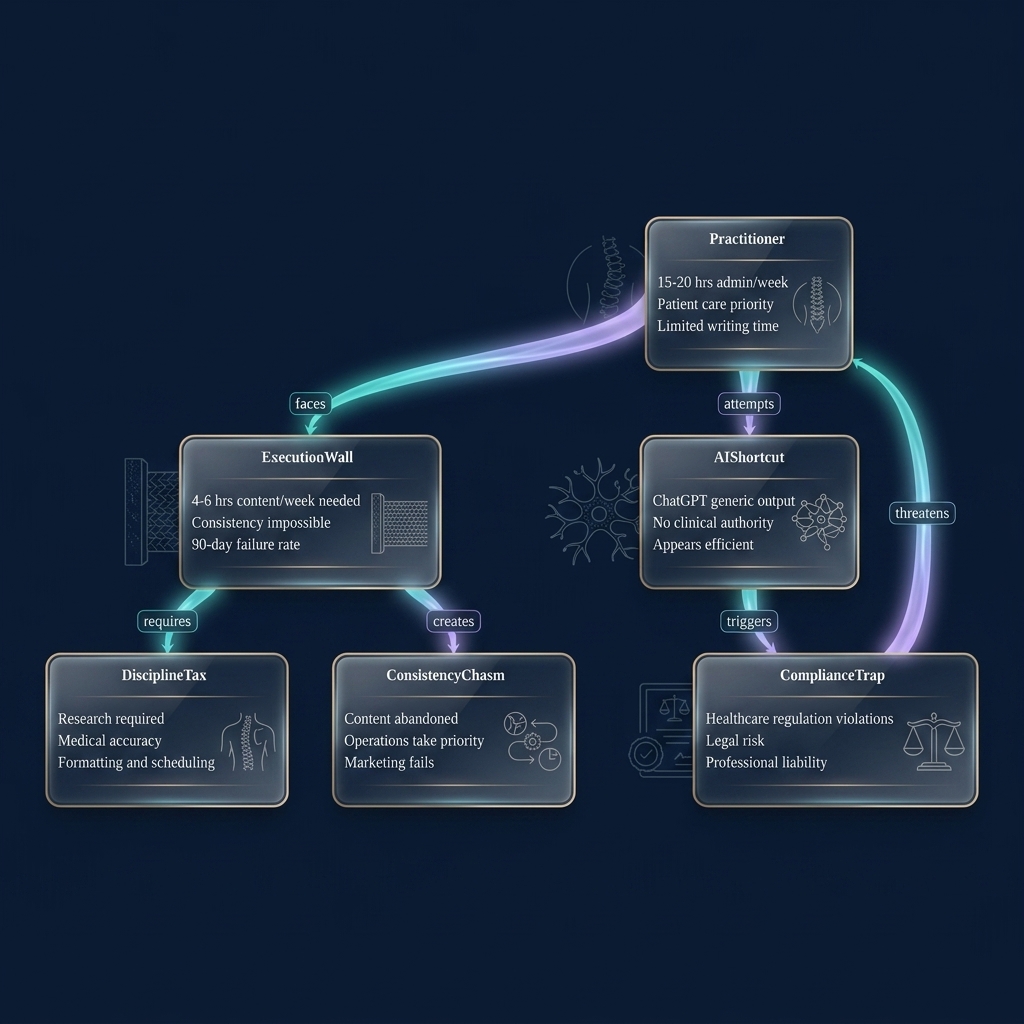 Class diagram linking practitioner constraints to execution wall, AI shortcuts, and compliance trap