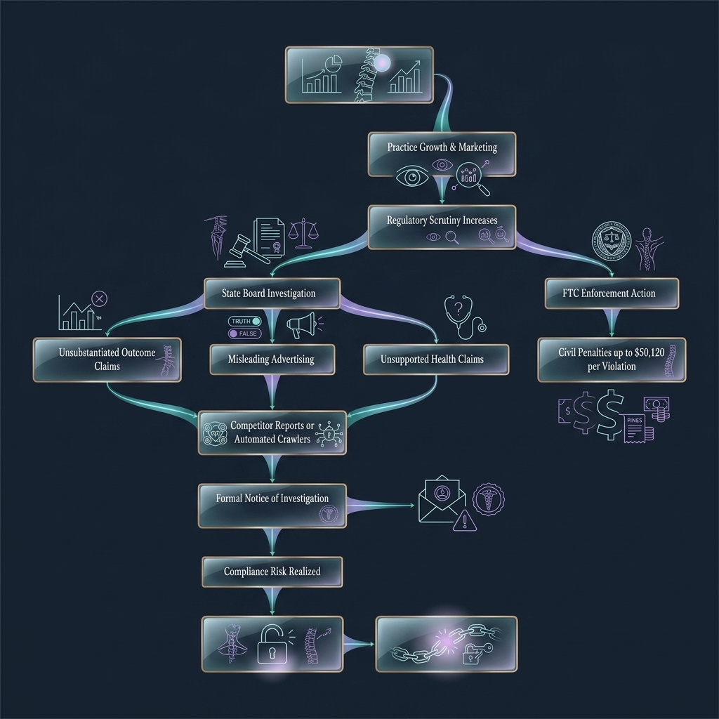Flowchart tracing compliance risks from practice growth through regulatory investigation pathways