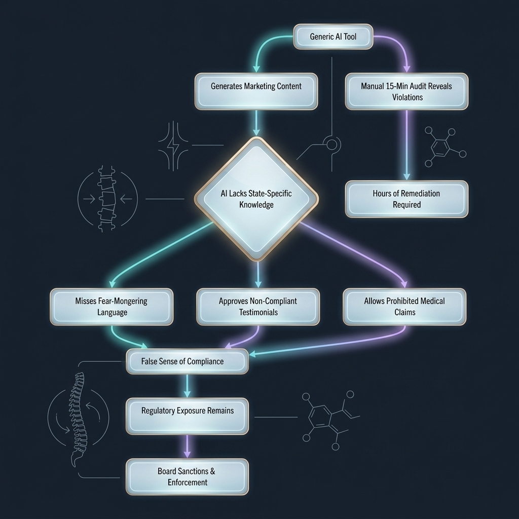 Flowchart tracing how generic AI tools create compliance risks in practice marketing