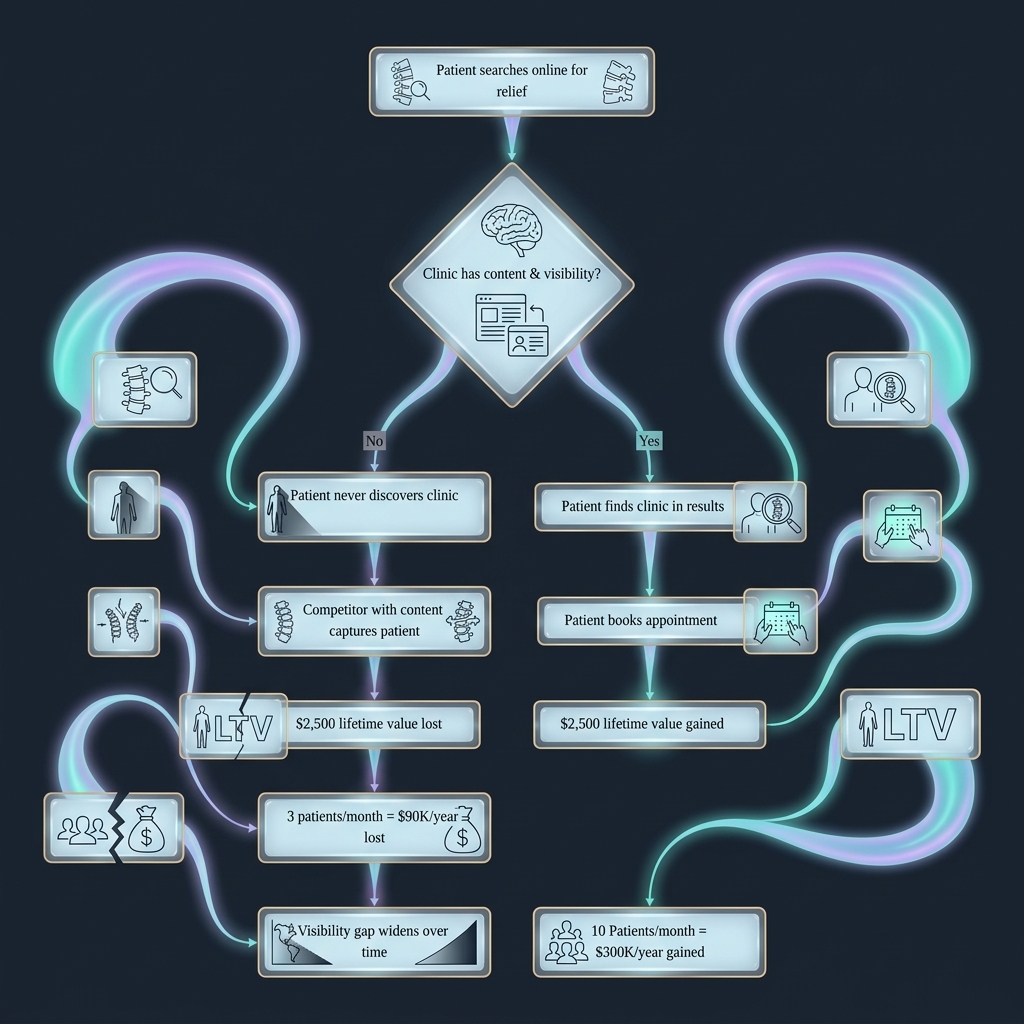Flowchart tracing patient discovery outcomes based on clinic online content and visibility