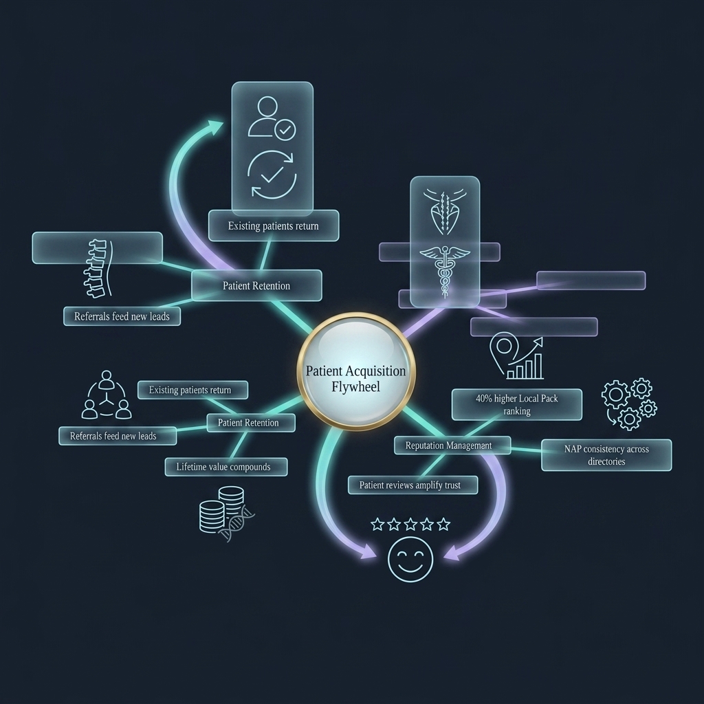 Mindmap of patient acquisition flywheel with four interconnected growth cycles